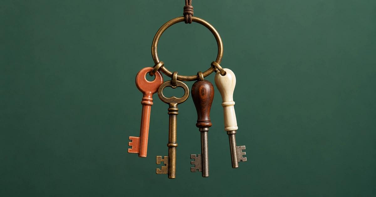 A brass key ring with four different keys, terracotta, brass, walnut and ivory, hanging against a deep green background