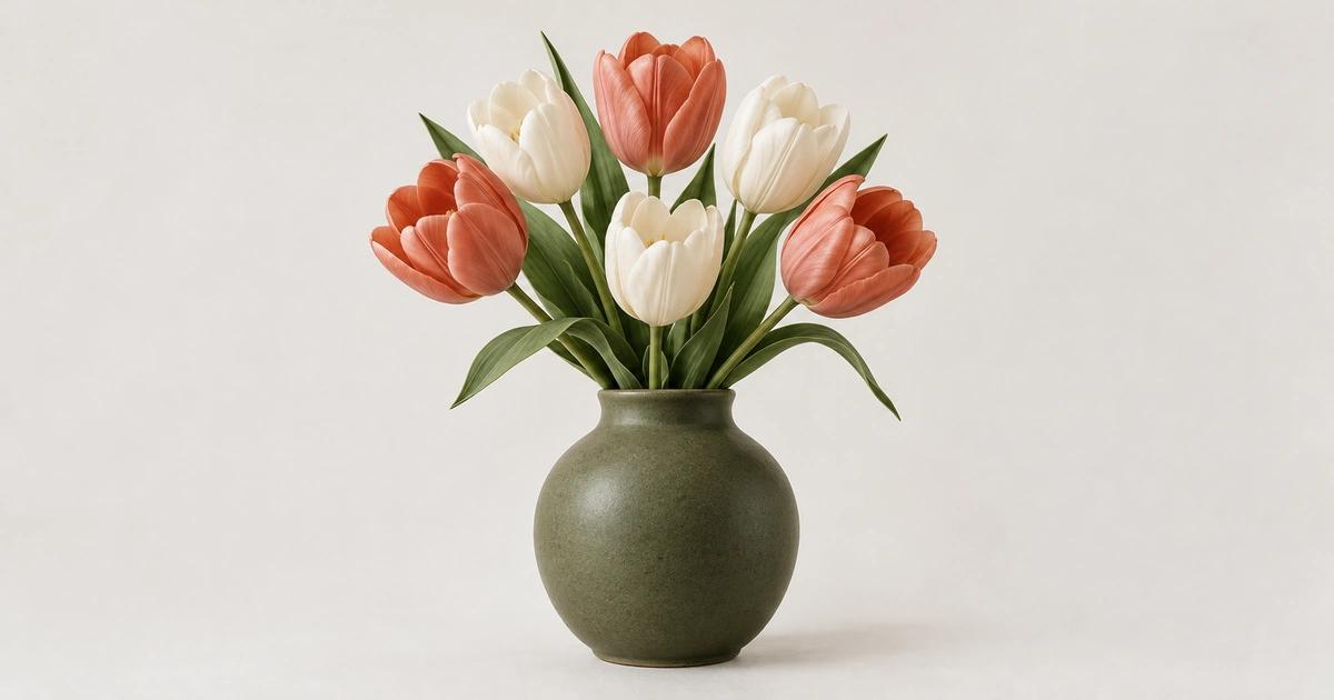 An olive-green ceramic vase with coral and ivory tulips, centered against a light background