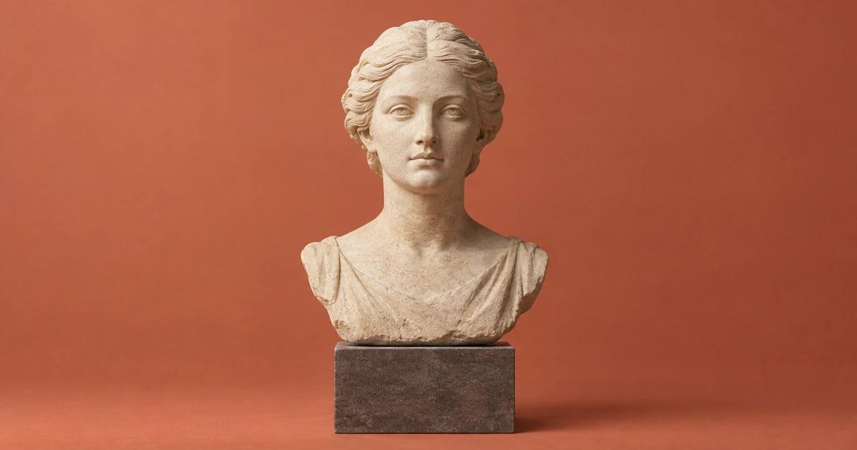 An ivory stone bust centered on a dark pedestal against a terracotta background